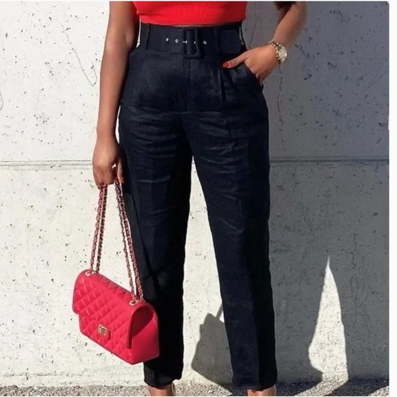 NWT Zara linen pants with lined belt black - Picture 1 of 7